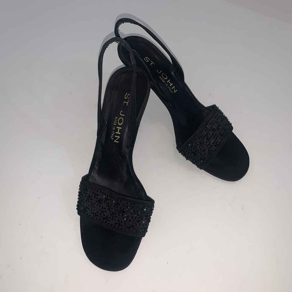 St. John Sandals Womens Size 6.5 Black Suede Slingback Beaded Kitten Heel